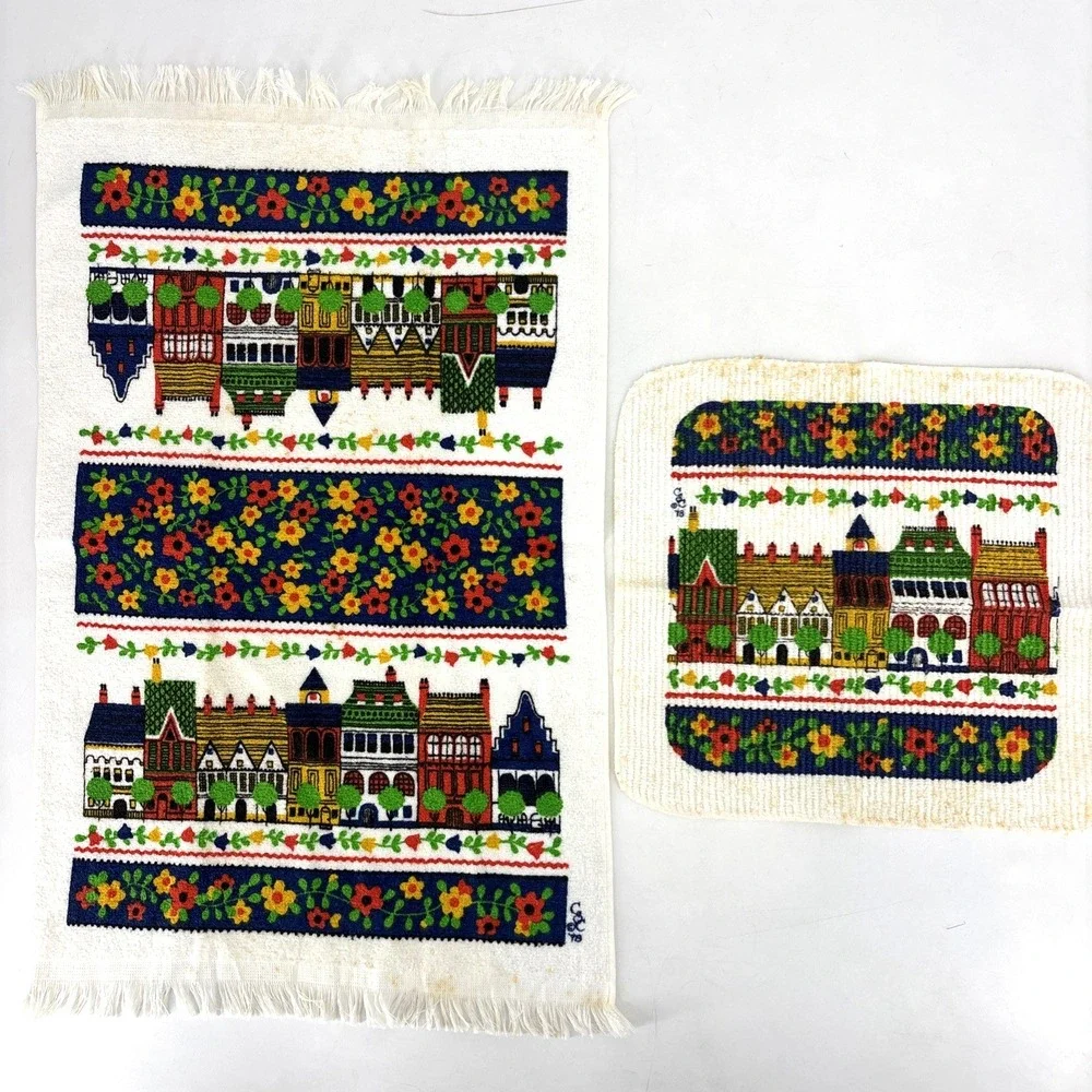 1970s Dish‎ Towel & Dishcloth Set by Sayco Kitchen Towels Row Home Country Town